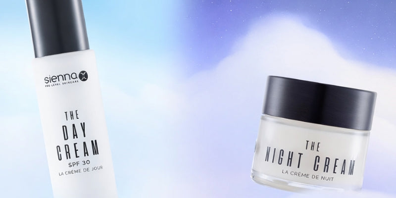 An image of The Day Cream and The Night Cream side with a contrasting day time and night time background