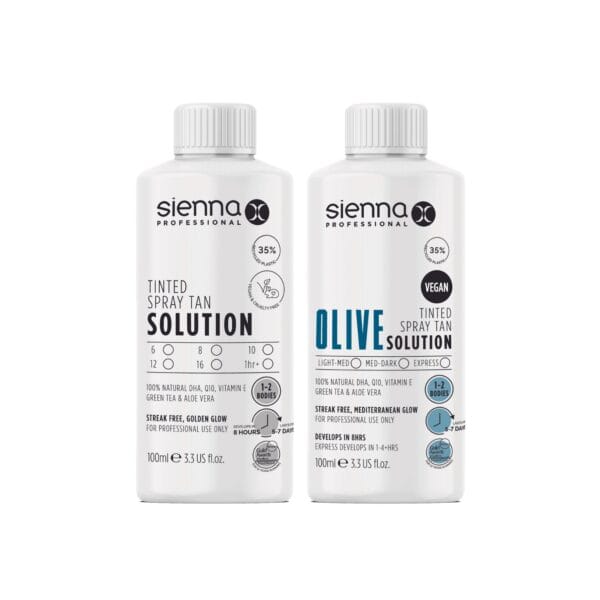 Image showcasing both the Olive spray tan solution sample bottle and the standard spray tan solution sample bottle side by side