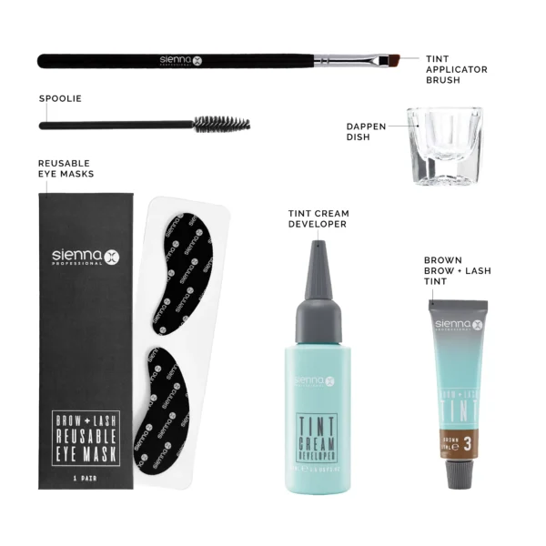 Brow and Lash Tint Kit Flat Lay Diagram Brown